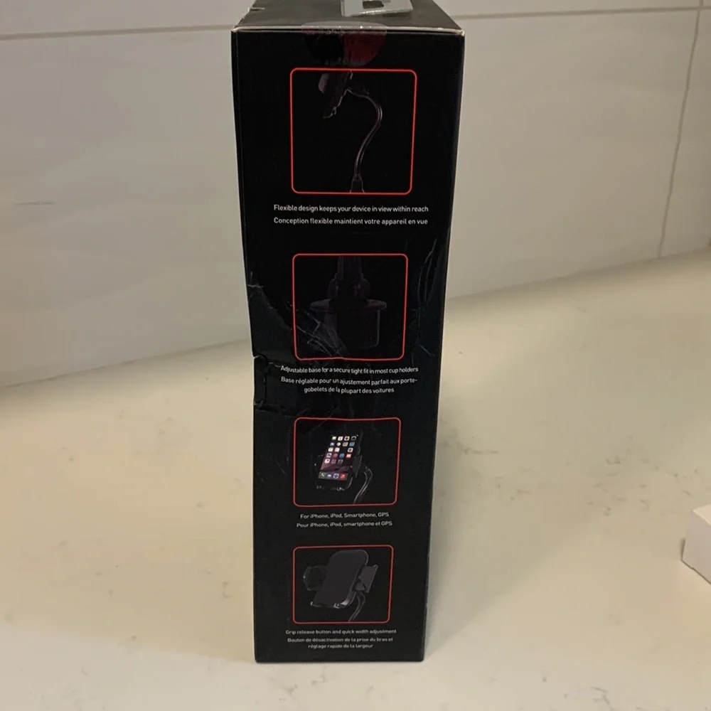 Macally cup holder phone mount for hands-free driving and phone use. 8”arm